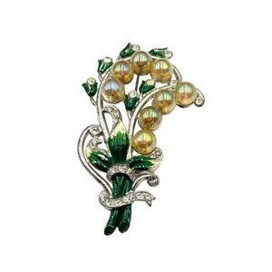Vintage 1940s Brooch Older Jewelry Pot Metal Statement Pin Enamel & Rhinestones